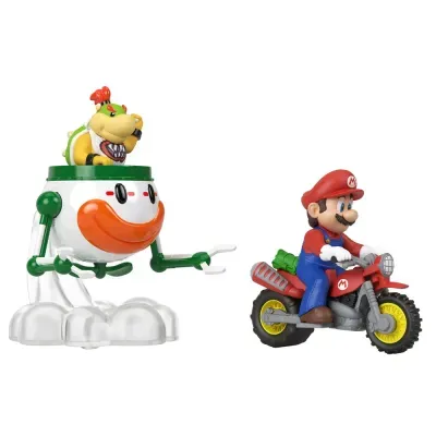 Figuras de ação de Mario e Bowser Jr. com veículos.