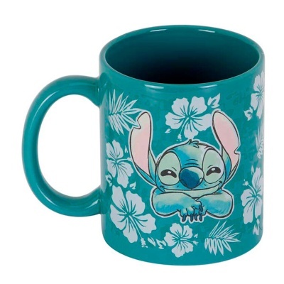 Caneca azul-turquesa com flores brancas e personagem Stitch