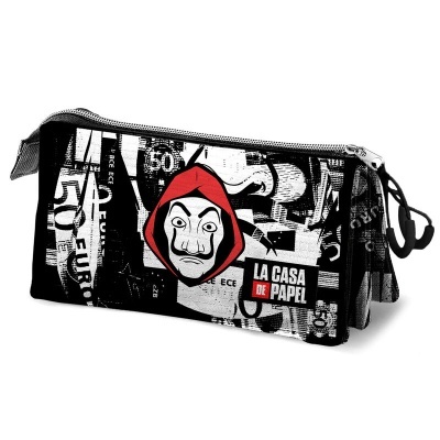 Estojo La Casa de Papel com máscara de Dali e padrão gráfico preto e branco