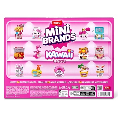 Caixa rosa Zuru Mini Brands Kawaii com miniaturas e texto multilíngue