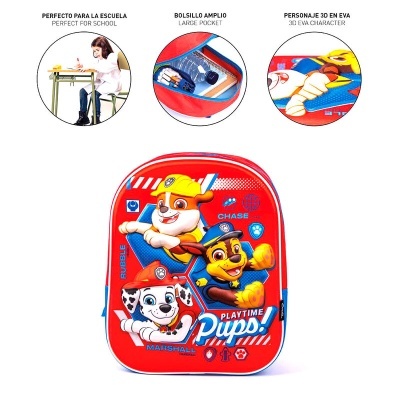 Mochila vermelha com personagens 3D EVA 'Playtime Pups' para crianças.