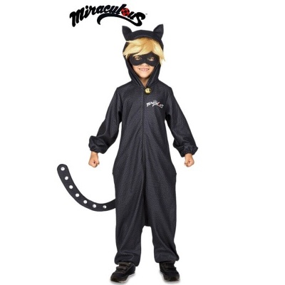 Fato preto com orelhas, cauda e máscara de criança com texto Miraculous