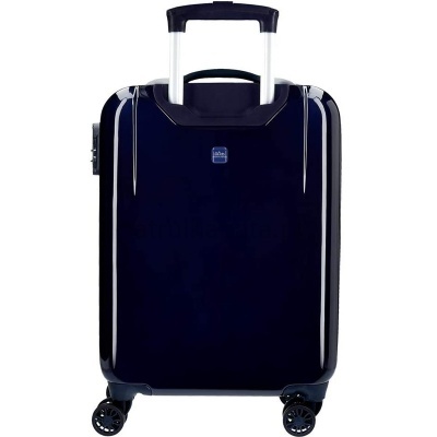 Mala de viagem rígida preta com quatro rodas e pega telescópica