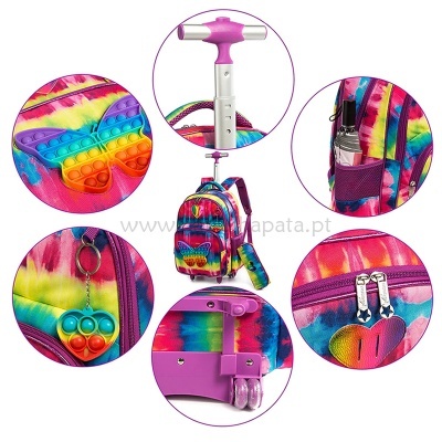 Mochila infantil tie-dye colorida com carrinho, rodas e acessórios em silicone pop it.
