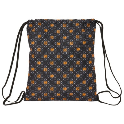 Mochila saco em padrão preto e laranja com cordões pretos