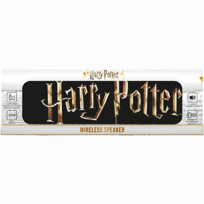 Embala gem de coluna sem fios Harry Potter com texto dourado no fundo preto
