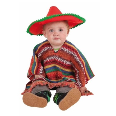 Bebé sentado com poncho colorido e chapéu vermelho