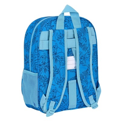 mochila infantil azul com padrão de desenhos animados e alças ajustáveis