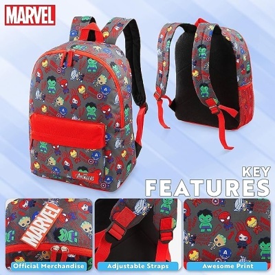 Mochila infantil Marvel Avengers com padrão colorido e correias ajustáveis vermelhas