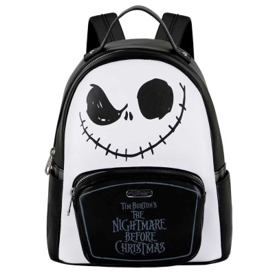 Mochila preta e branca com estampa da cara de Jack Skellington e texto Tim Burton's The Nightmare Before Christmas
