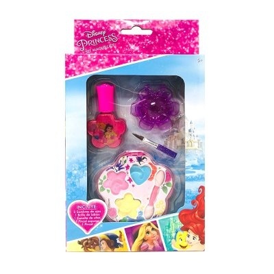Conjunto de maquilhagem infantil Disney Princess com verniz, pincel e paleta colorida na embalagem com princesas