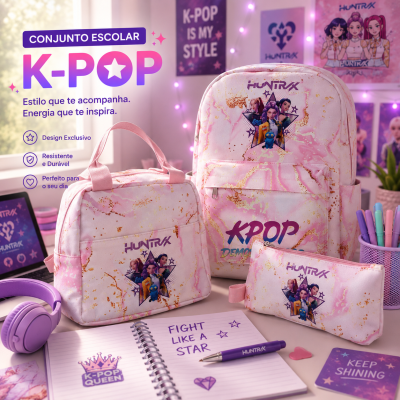 Conjunto escolar K-Pop rosa com mochila, lancheira e estojo com padrão marmoreado dourado e personagens HUNTRX