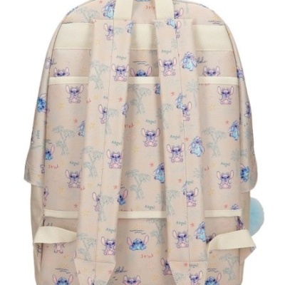 Mochila rosa clara com padrão de personagens e alças acolchoadas