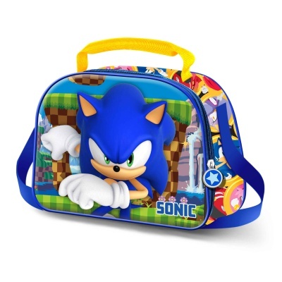 Mala com imagem do personagem Sonic em 3D e alça amarela