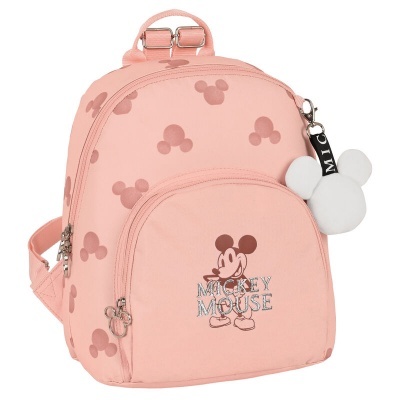 Mochila pequena cor-de-rosa com padrão Mickey Mouse e acessório pendurado