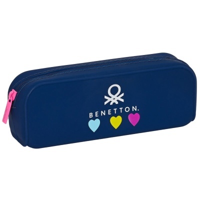 Estojo azul escuro Benetton com fecho rosa e corações coloridos