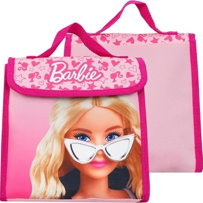 Bolsa térmica rosa com imagem da Barbie e texto Barbie