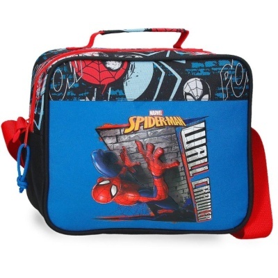 Mala infantil com personagem Spider-Man em azul e preto com alça vermelha
