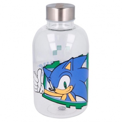 Garrafa com tampa metálica e desenho do personagem Sonic azul fazendo sinal de positivo