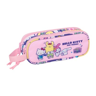 Estojo rosa com personagens Hello Kitty e amigos e texto