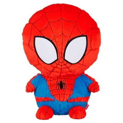 Pelúcia Homem-Aranha vermelha e azul com olhos brancos grandes e teias pretas
