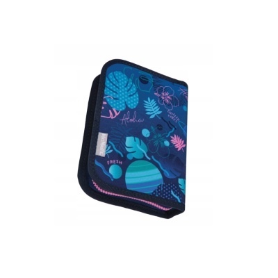 Estojo escolar azul com padrão floral e texto Aloha