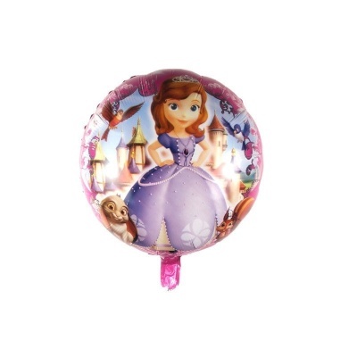 Balão redondo de princesa lilás com animais e castelos