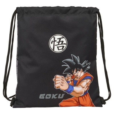 Mochila saco preta com personagem anime e texto GOKU