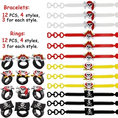 Pulseiras e anéis com temas de caveira e pirata em várias cores e estilos