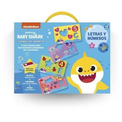 Jogo educativo Baby Shark com bits coloridos e lanterna em embalagem azul