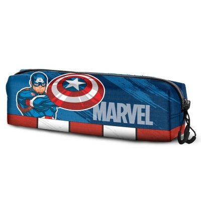 Estojo azul com imagem do Capitão América e texto MARVEL
