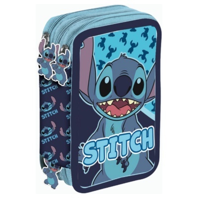 Estojo escolar azul com personagem Stitch e texto STITCH