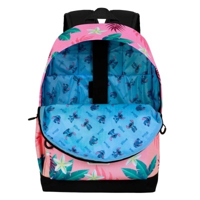 Mochila rosa com folhas verdes e flores, interior azul com desenhos de Stitch.