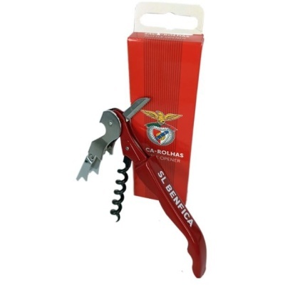 saca-rolhas vermelho com texto SL BENFICA e caixa vermelha com emblema