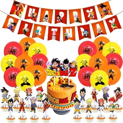 Decoração de festa Dragon Ball Z com bandeirolas, balões, bolo e cupcakes temáticos