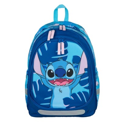 Mochila azul com personagem Stitch na frente e fechos cor de rosa