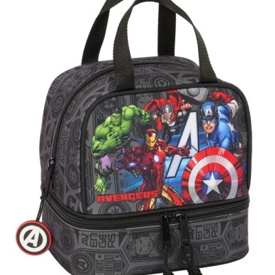 Mala cinza escuro dos Avengers com personagens coloridos na frente