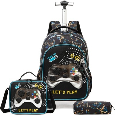 Conjunto de mochila, bolsa térmica e estojo com padrão de comandos de jogos em preto e azul