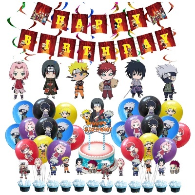 Decoração de festa de aniversário com faixa 'HAPPY BIRTHDAY', balões e cupcakes com personagens de anime
