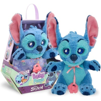 Pelúcia azul Stitch com orelhas cor-de-rosa em embalagem temática Disney Baby Paws.