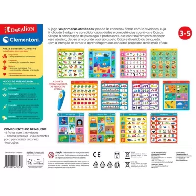 Embalagem do jogo educativo 'As primeiras atividades' com fichas coloridas e caneta interativa para crianças 3-5 anos.