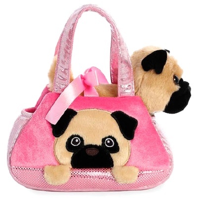 Bolsa de pelúcia rosa com cão pug de pelúcia castanho e preto