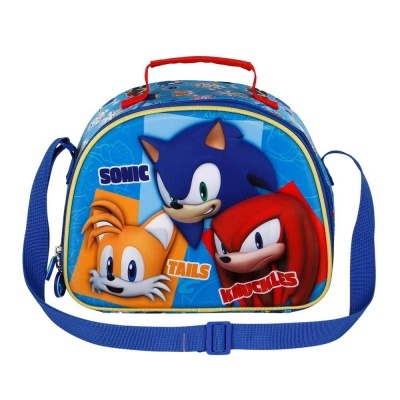 Mala infantil azul com personagens Sonic, Tails e Knuckles e alça azul.