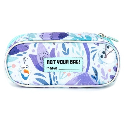 Estojo oval azul e roxo com personagens animados e texto 'NOT YOUR BAG!'