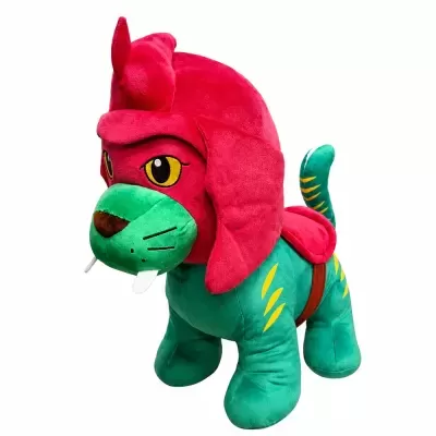 Peluche de gato verde com capacete e crina vermelhos