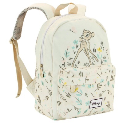 Mochila infantil creme com estampa do Bambi e flores pastel