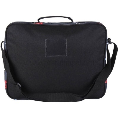 Bolsa preta de tecido com alça para ombro e pega superior