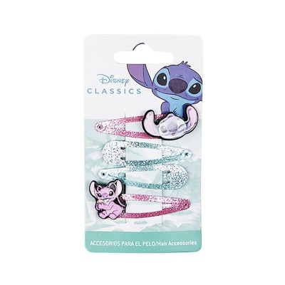 conjunto 4 acessórios para cabelo Disney Stitch com glitter rosa, branco e personagem roxo