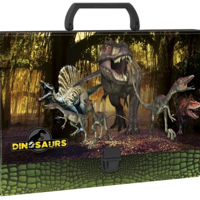 Mala com estampa de dinossauros e textura verde semelhante a pele de réptil