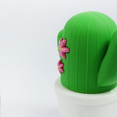 Vaso decorativo com cacto verde e flores cor de rosa